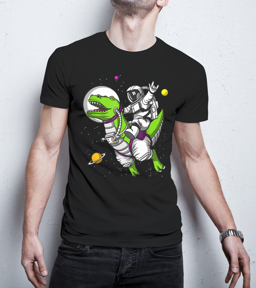 Astronaut Riding TRex Dinosaur In Outer Space With Planets T-Shirt