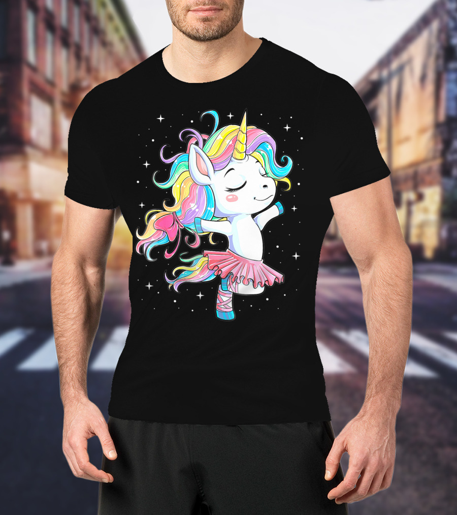 Ballet Dancer Unicorn Kids Girls Rainbow Ballerina Twirling Among Stars T-Shirt