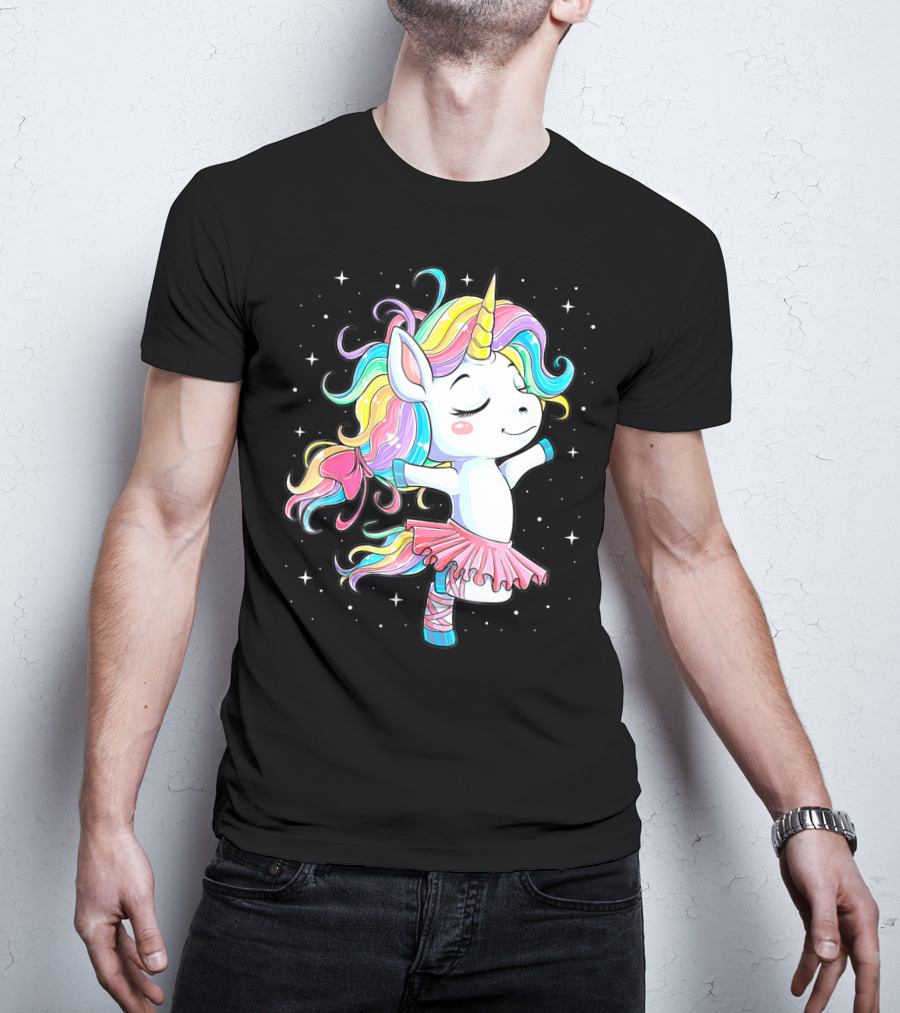 Ballet Dancer Unicorn Kids Girls Rainbow Ballerina Twirling Among Stars T-Shirt