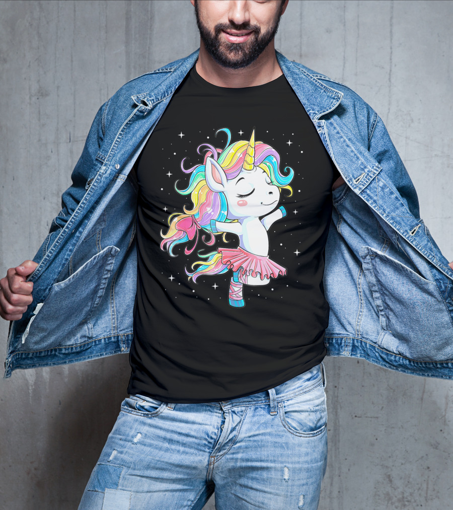 Ballet Dancer Unicorn Kids Girls Rainbow Ballerina Twirling Among Stars T-Shirt