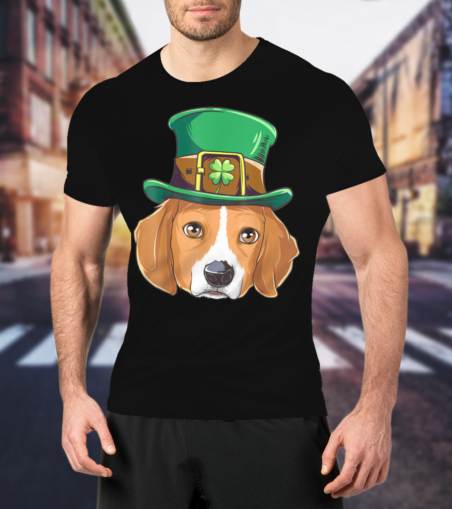 Beagle Wearing Leprechaun Hat With Shamrock T-Shirt