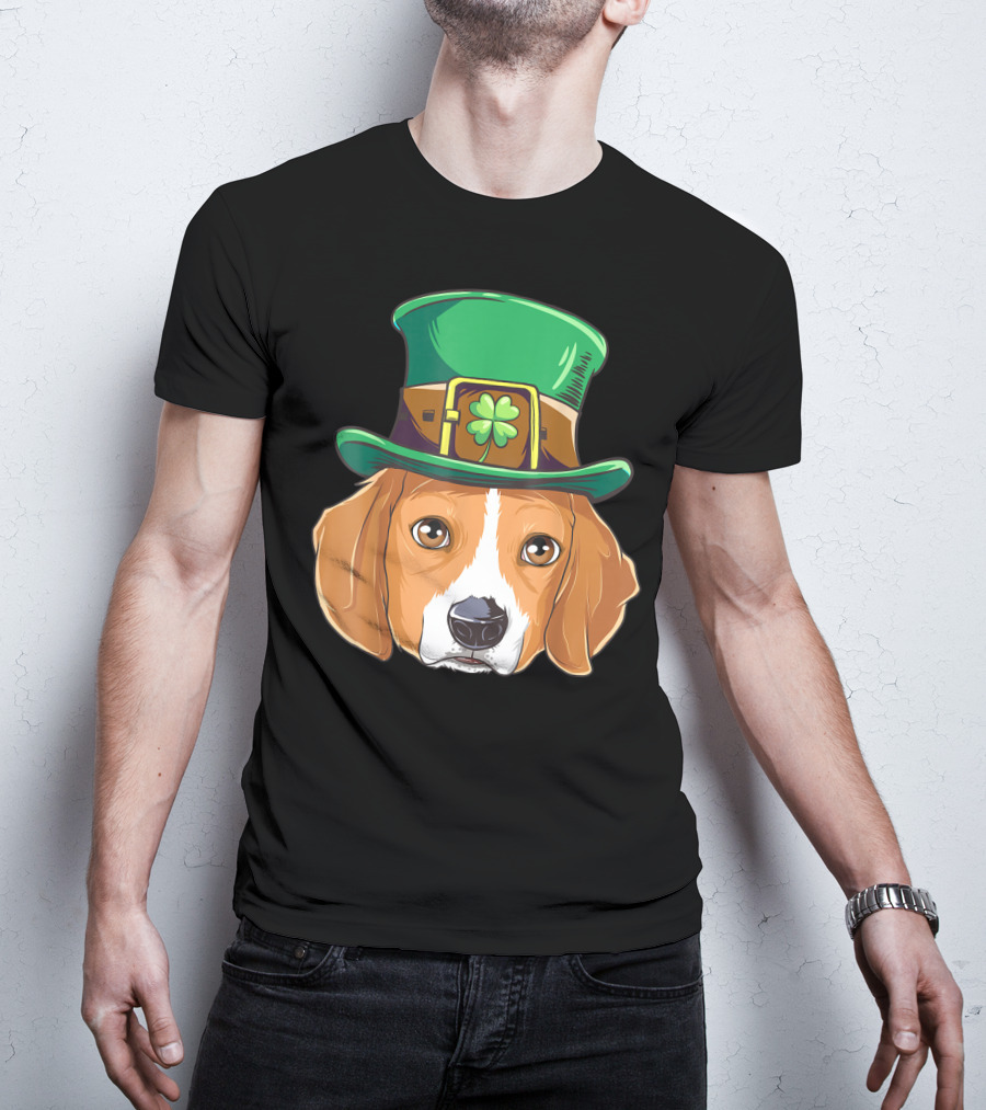 Beagle Wearing Leprechaun Hat With Shamrock T-Shirt
