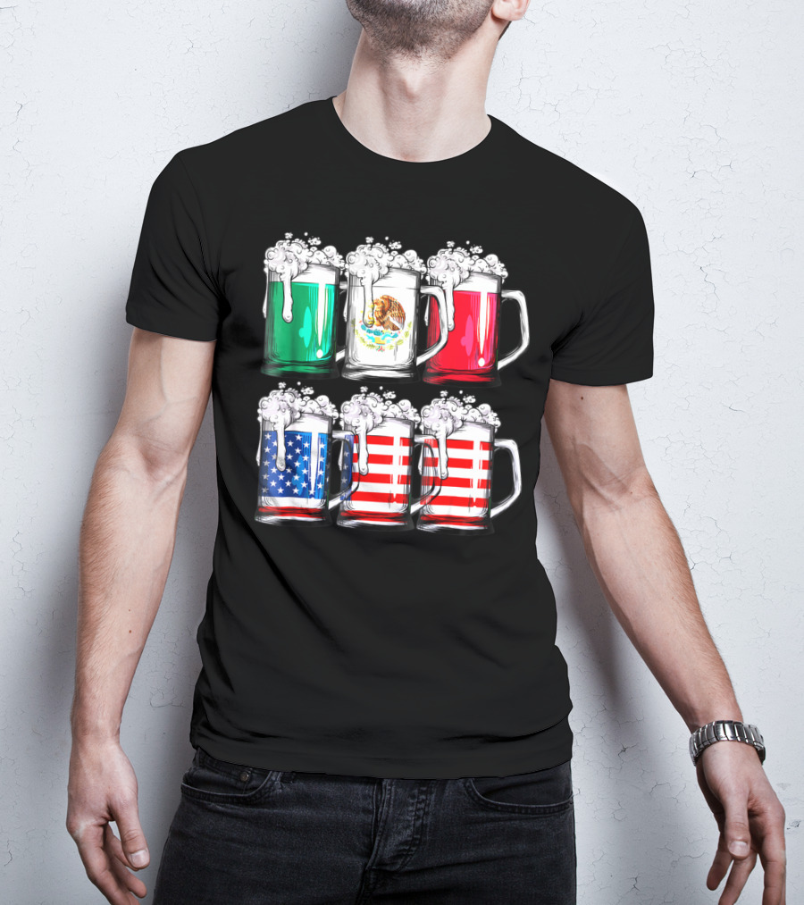 Beer Mugs Mexican American Flags Cinco De Mayo T-Shirt