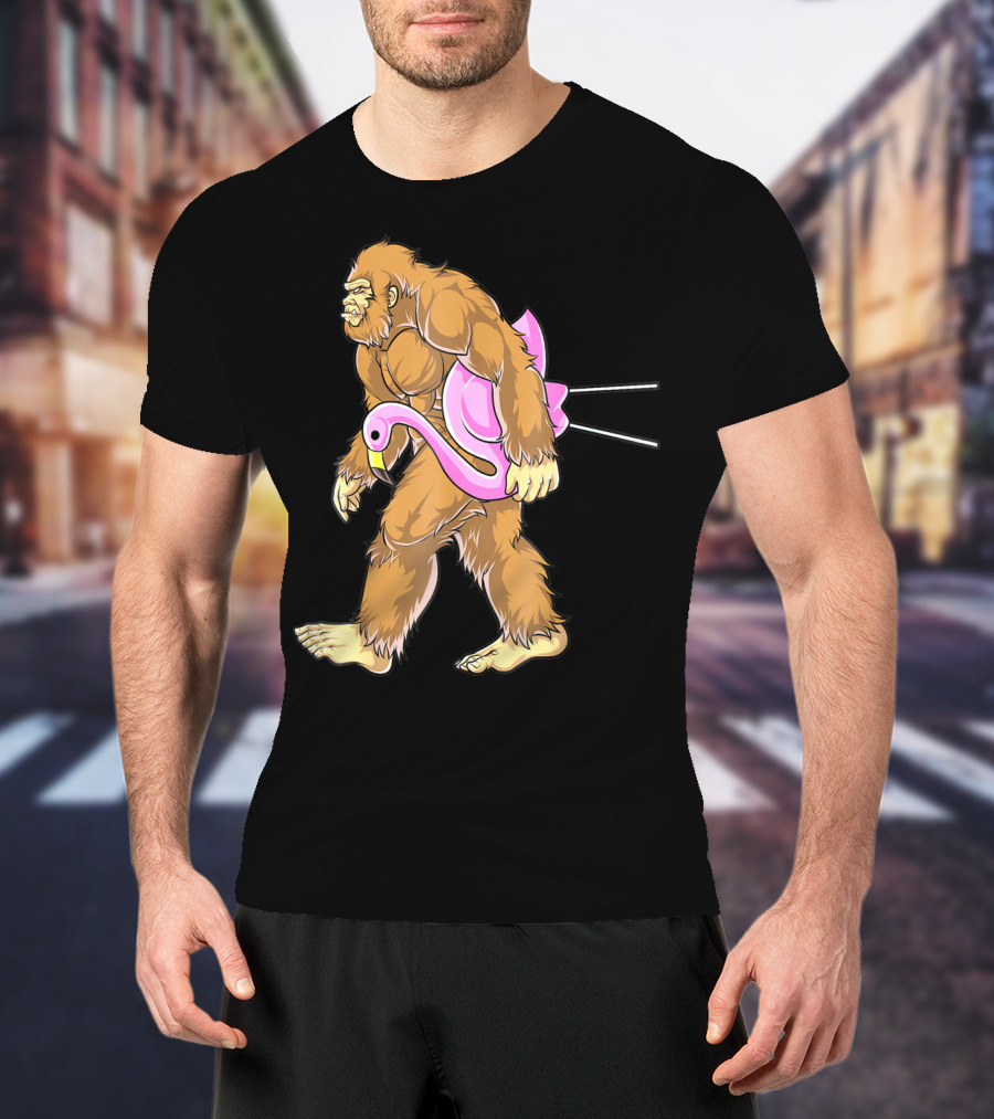 Bigfoot Carrying Pink Lawn Flamingo Humorous Sasquatch Image T-Shirt