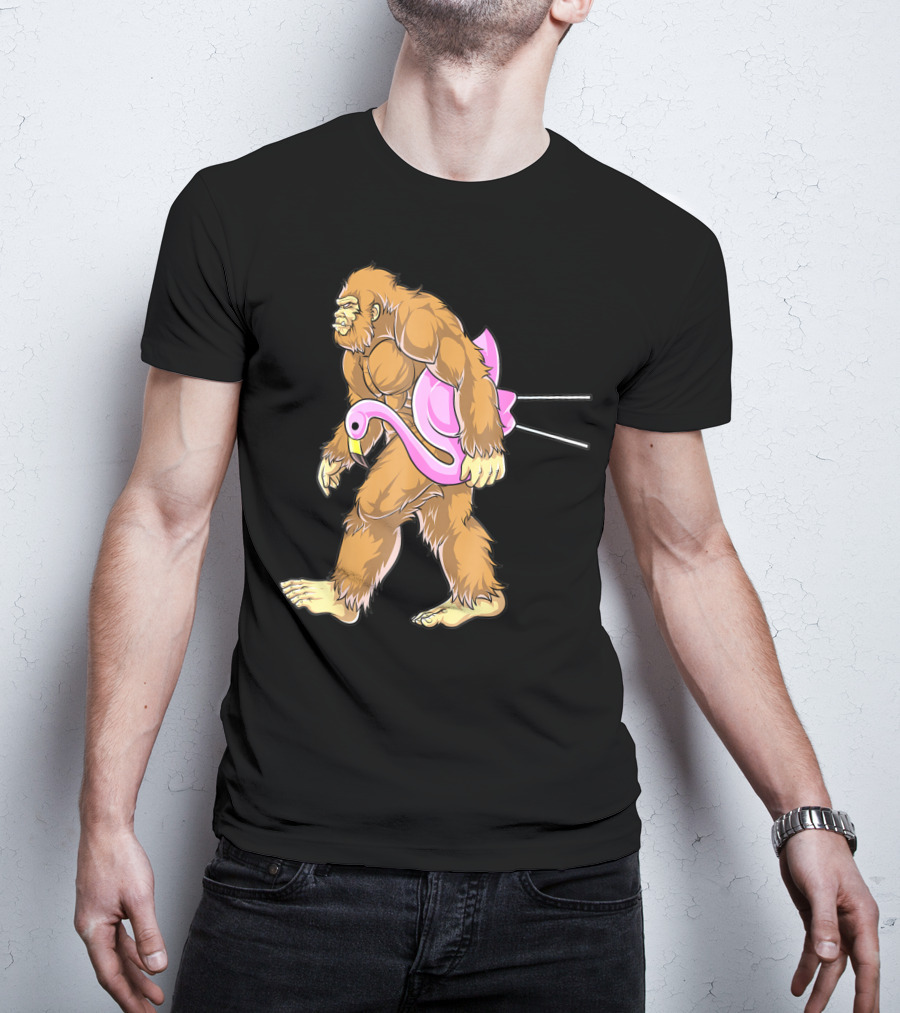 Bigfoot Carrying Pink Lawn Flamingo Humorous Sasquatch Image T-Shirt