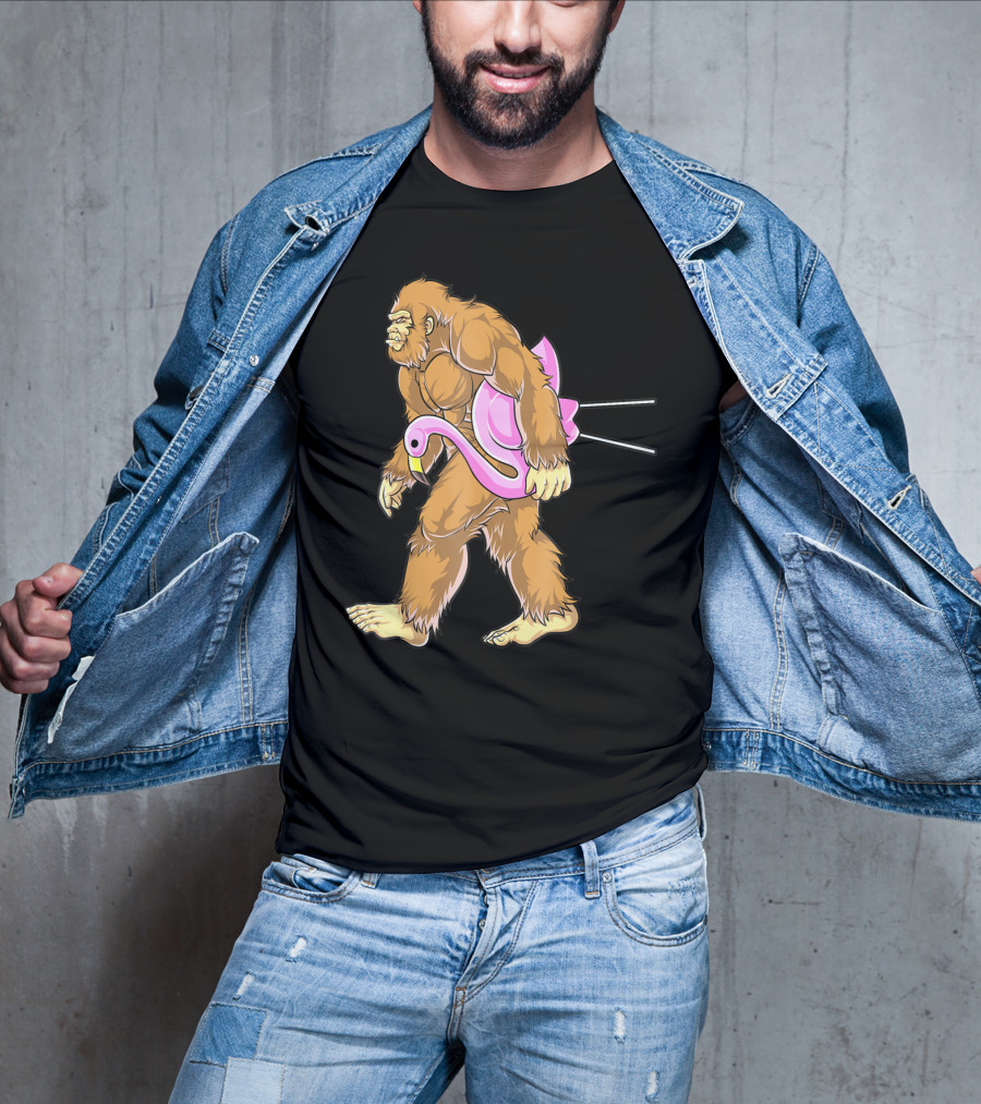 Bigfoot Carrying Pink Lawn Flamingo Humorous Sasquatch Image T-Shirt