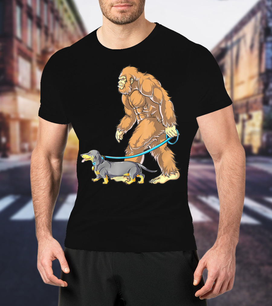 Bigfoot Sasquatch Walking Dachshund Dog T-Shirt