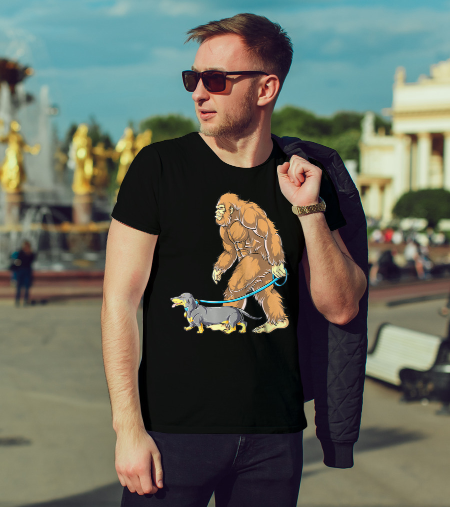 Bigfoot Sasquatch Walking Dachshund Dog T-Shirt