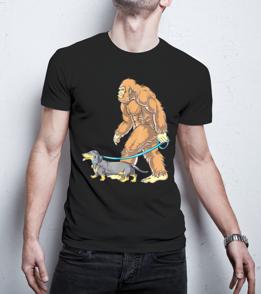 Bigfoot Sasquatch Walking Dachshund Dog T-Shirt