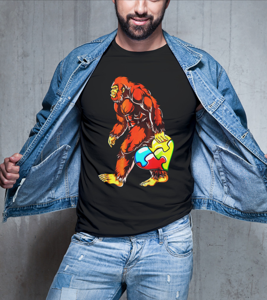 Bigfoot Holding Heart-Shaped Puzzle Piece For Autism Awareness T-Shirt