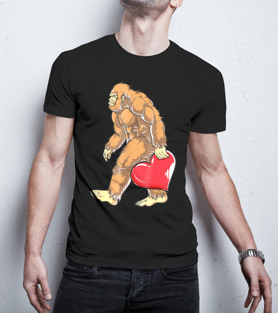 Valentine's Day Bigfoot Holding Heart Sasquatch Love For Men T-Shirt