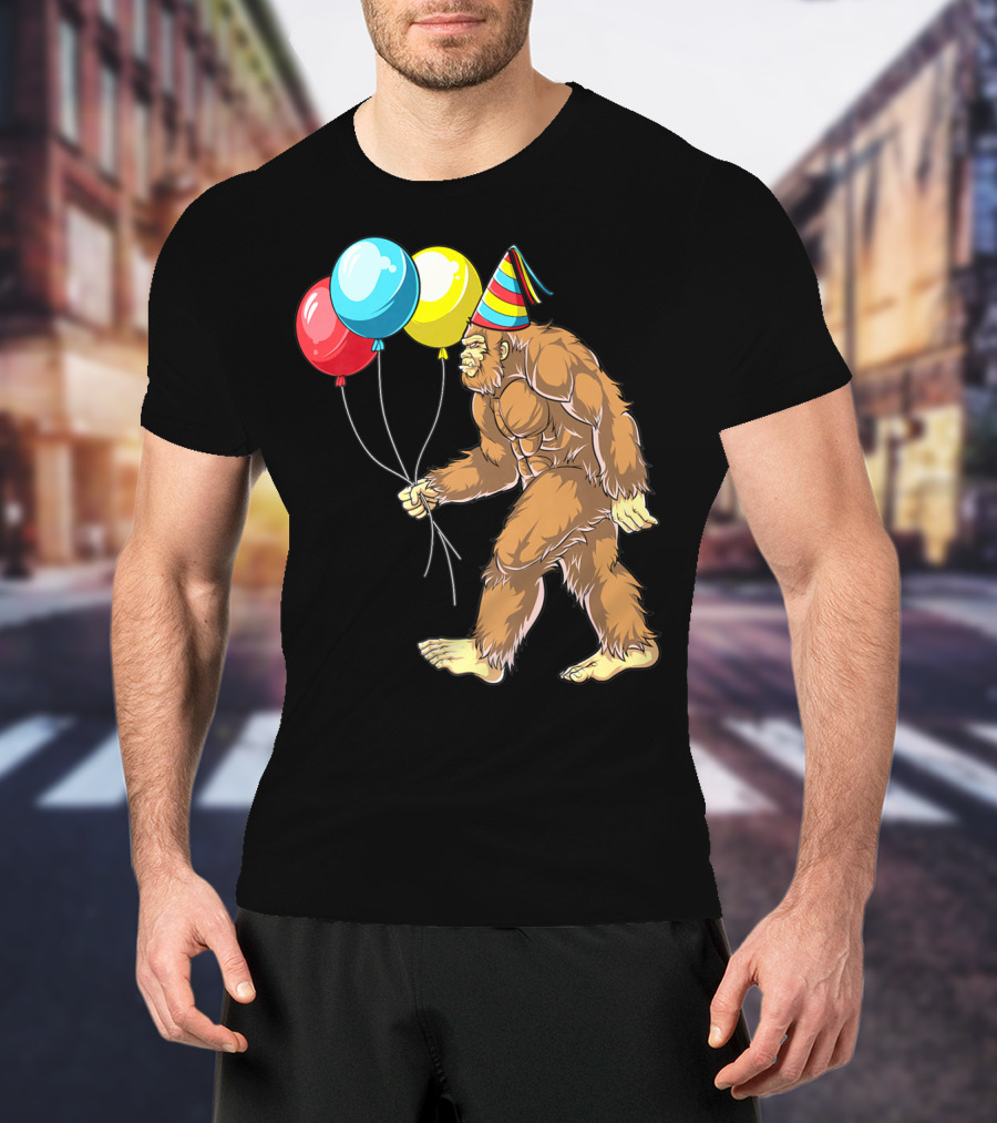 Bigfoot It's My Birthday Kids Boys Sasquatch Party With Balloons And Party Hat T-Shirt