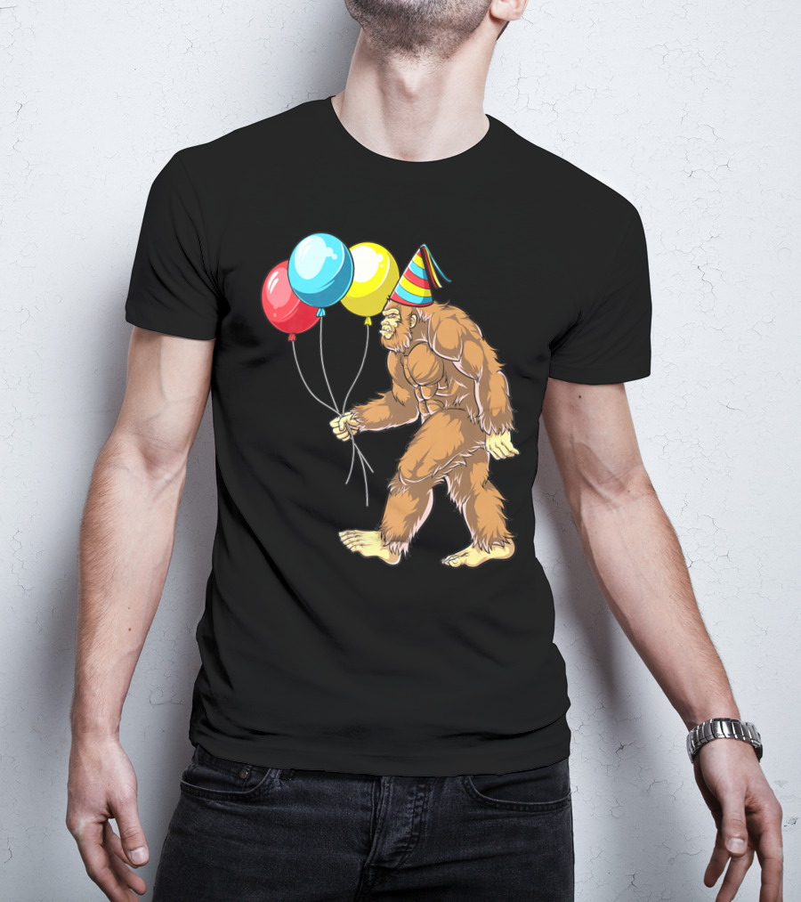 Bigfoot It's My Birthday Kids Boys Sasquatch Party With Balloons And Party Hat T-Shirt
