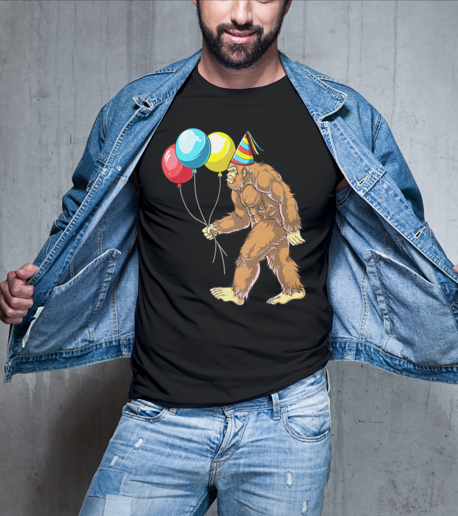 Bigfoot It's My Birthday Kids Boys Sasquatch Party With Balloons And Party Hat T-Shirt