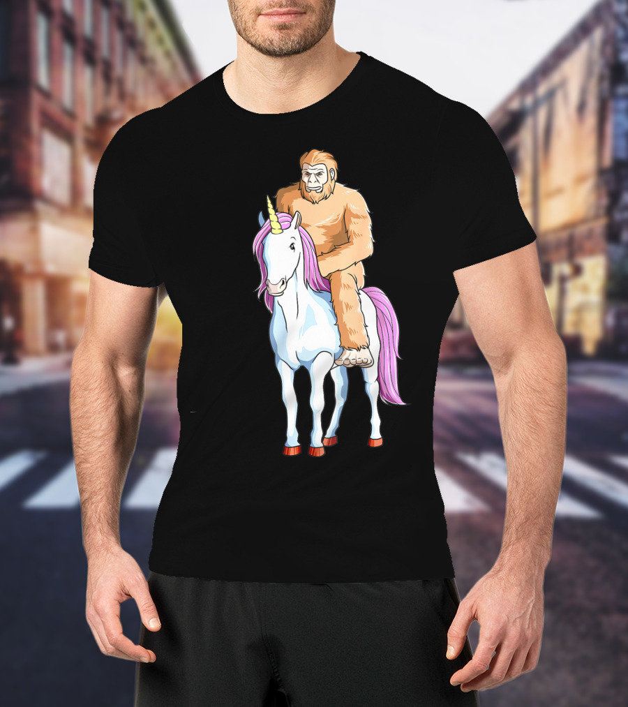 Bigfoot Sasquatch Riding Unicorn Mythical Creature Adventure T-Shirt