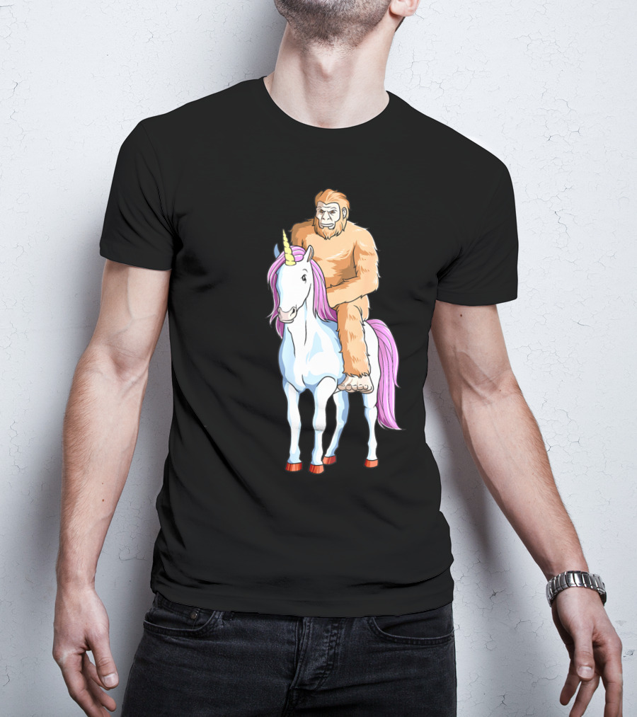 Bigfoot Sasquatch Riding Unicorn Mythical Creature Adventure T-Shirt