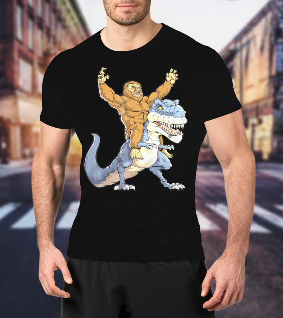 Bigfoot Sasquatch Riding Dinosaur Adventure T-Shirt