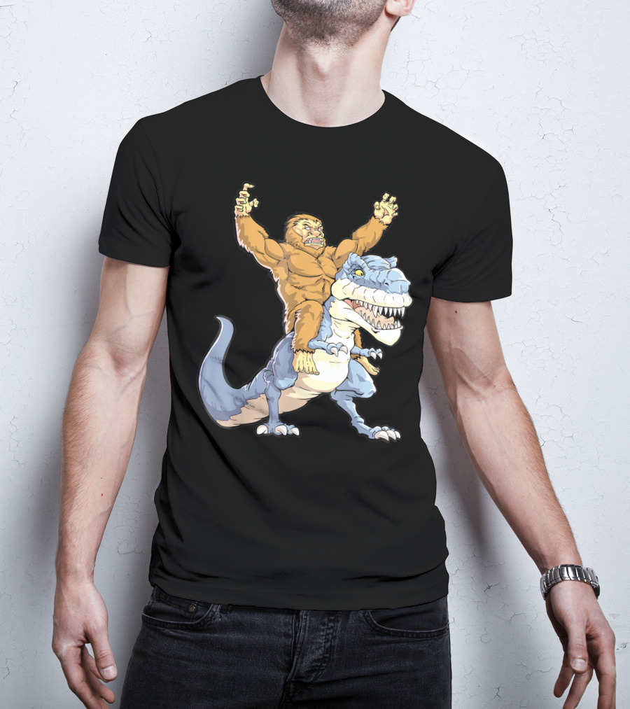 Bigfoot Sasquatch Riding Dinosaur Adventure T-Shirt
