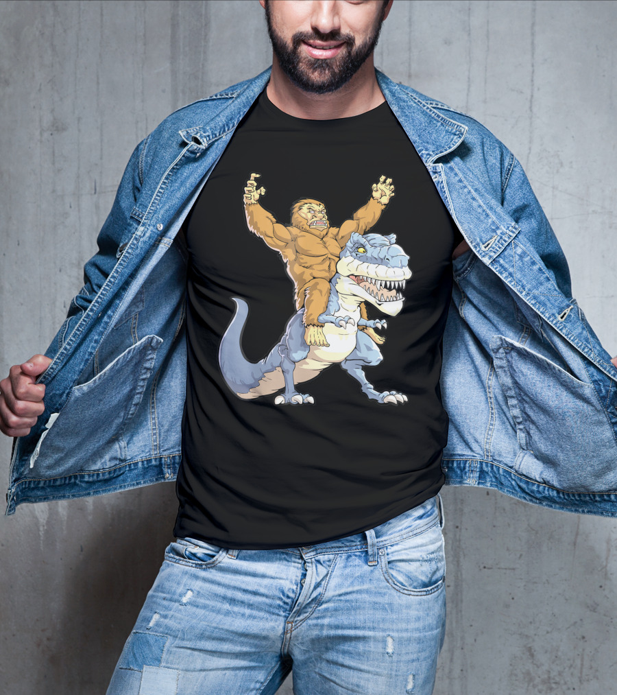 Bigfoot Sasquatch Riding Dinosaur Adventure T-Shirt