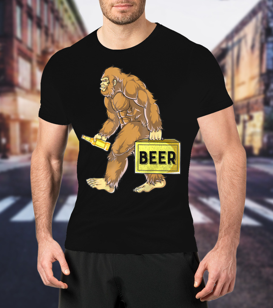 Bigfoot With Beer Funny Sasquatch Drinking Party Carrying Beer Box T-Shirt