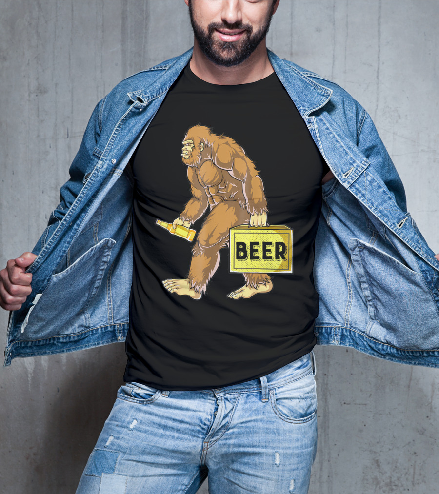 Bigfoot With Beer Funny Sasquatch Drinking Party Carrying Beer Box T-Shirt