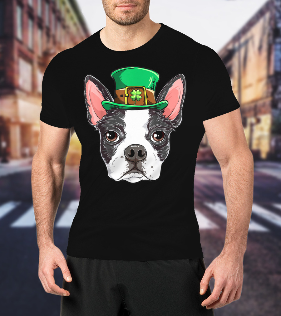 Boston Terrier St Patricks Day Leprechaun Dog With Green Hat T-Shirt