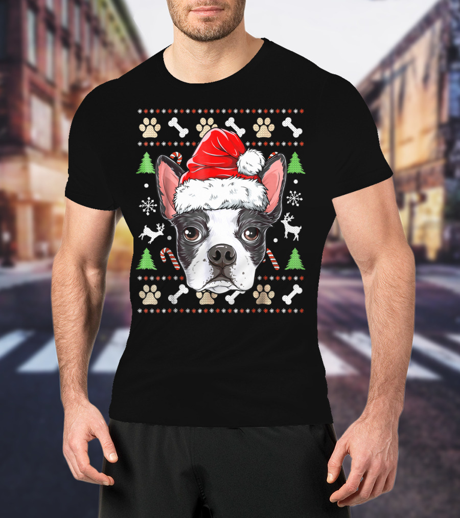 Boston Terrier Christmas Santa Hat Dog With Bones And Tree T-Shirt