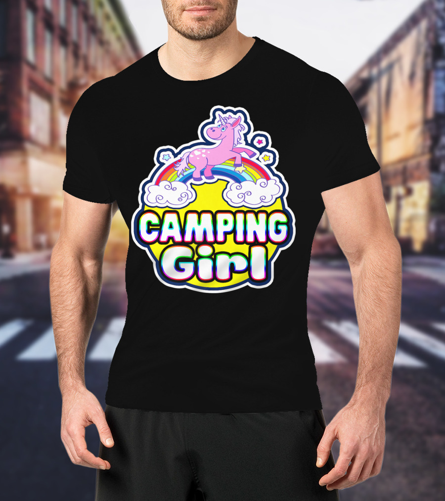 Camping Girl Rainbow Unicorn Cloud Adventure T-Shirt