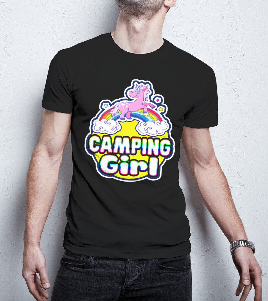 Camping Girl Rainbow Unicorn Cloud Adventure T-Shirt