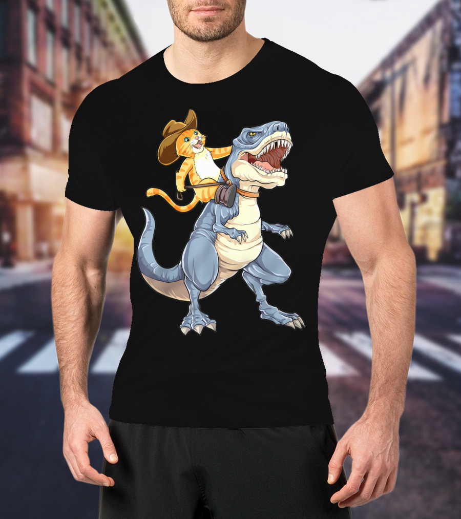 Cat In Cowboy Hat Riding Dinosaur Rex Purrassic Kitty Dino T-Shirt