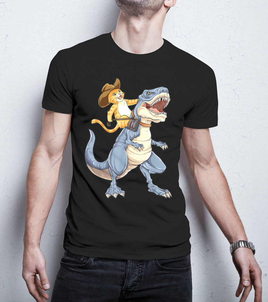 Cat In Cowboy Hat Riding Dinosaur Rex Purrassic Kitty Dino T-Shirt