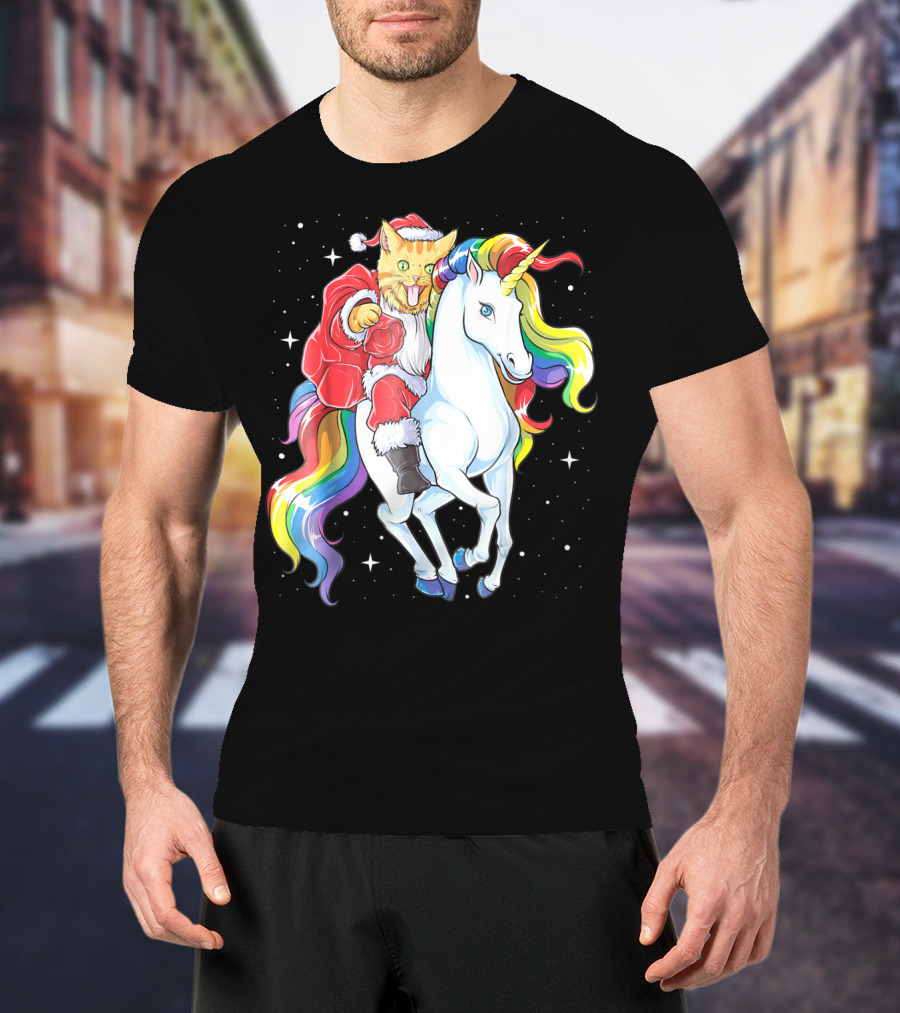Meowy Cat Santa Riding Rainbow Unicorn Christmas Girls Women T-Shirt