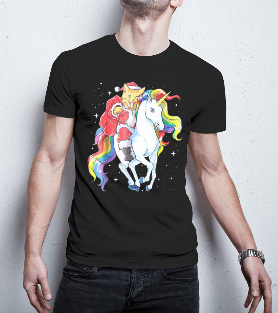 Meowy Cat Santa Riding Rainbow Unicorn Christmas Girls Women T-Shirt