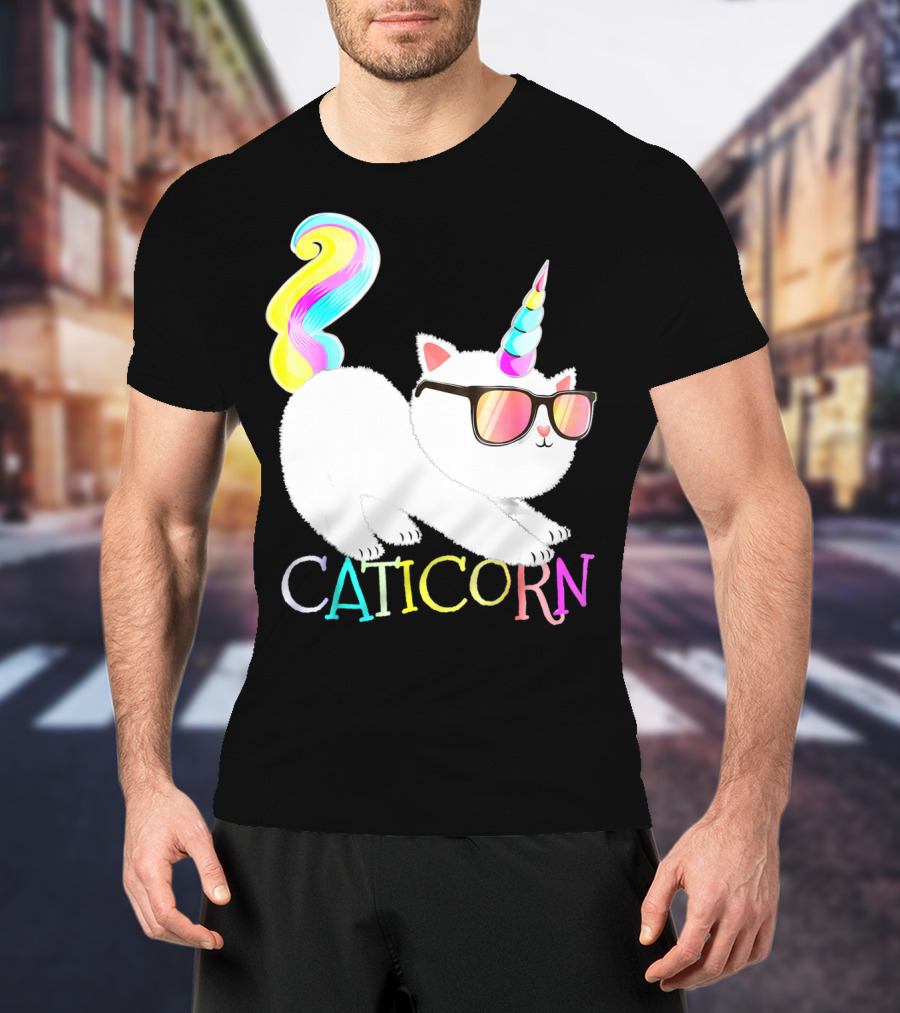 Caticorn Rainbow Unicorn Cat Girls Sunglasses Colorful Mane T-Shirt