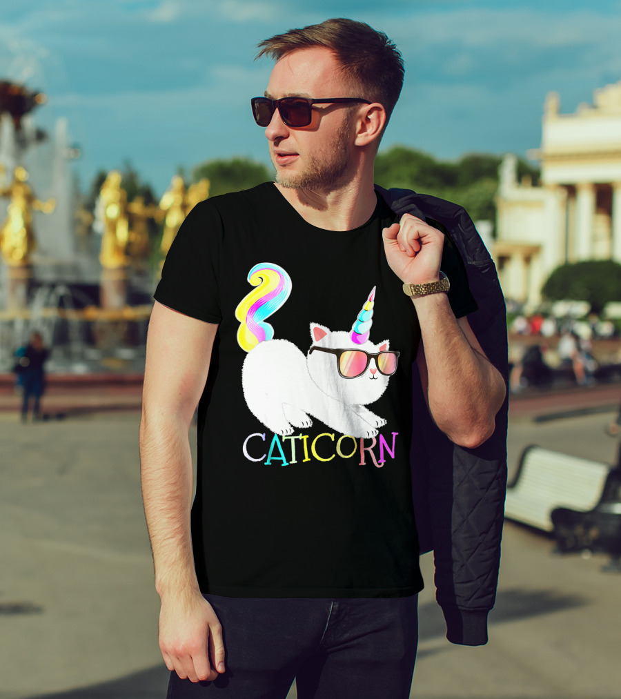 Caticorn Rainbow Unicorn Cat Girls Sunglasses Colorful Mane T-Shirt