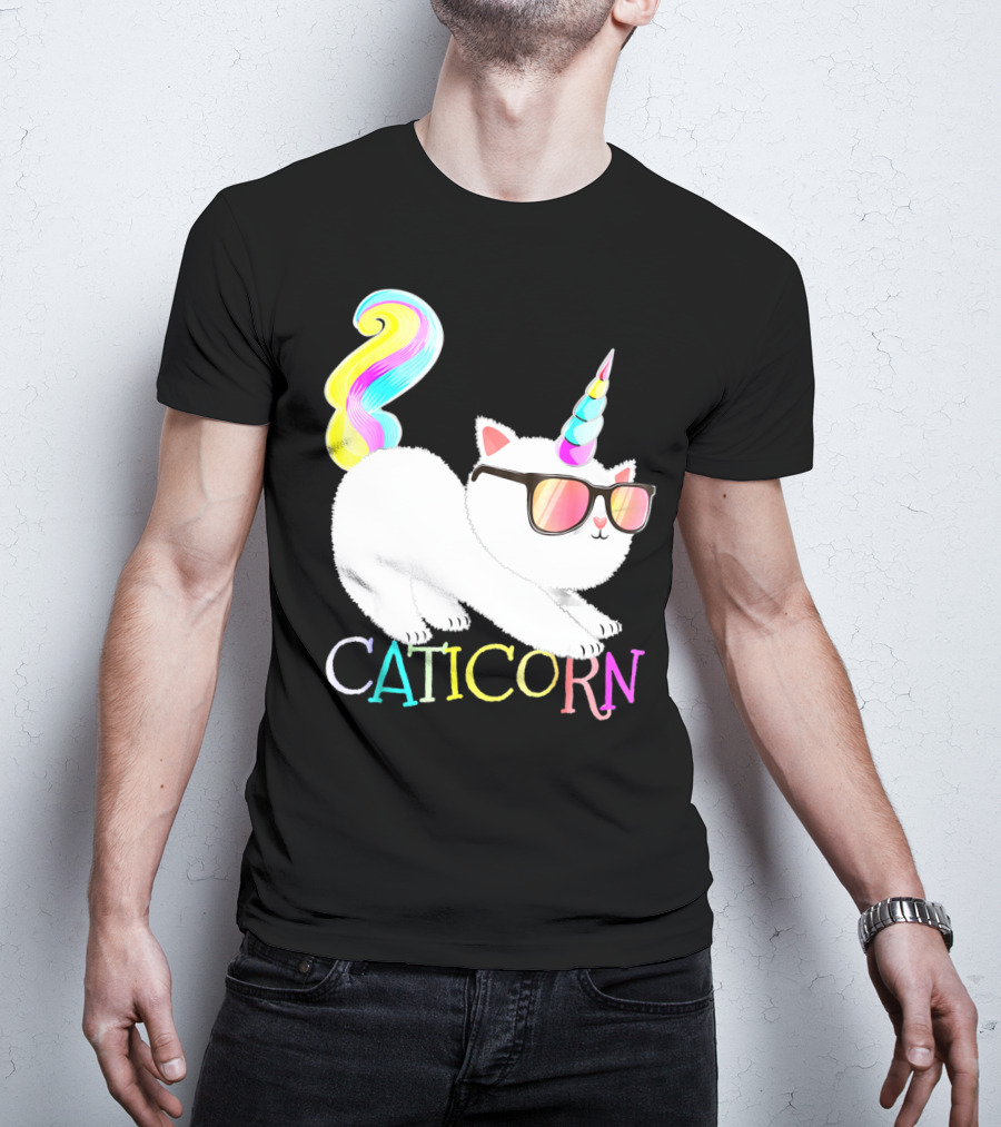 Caticorn Rainbow Unicorn Cat Girls Sunglasses Colorful Mane T-Shirt