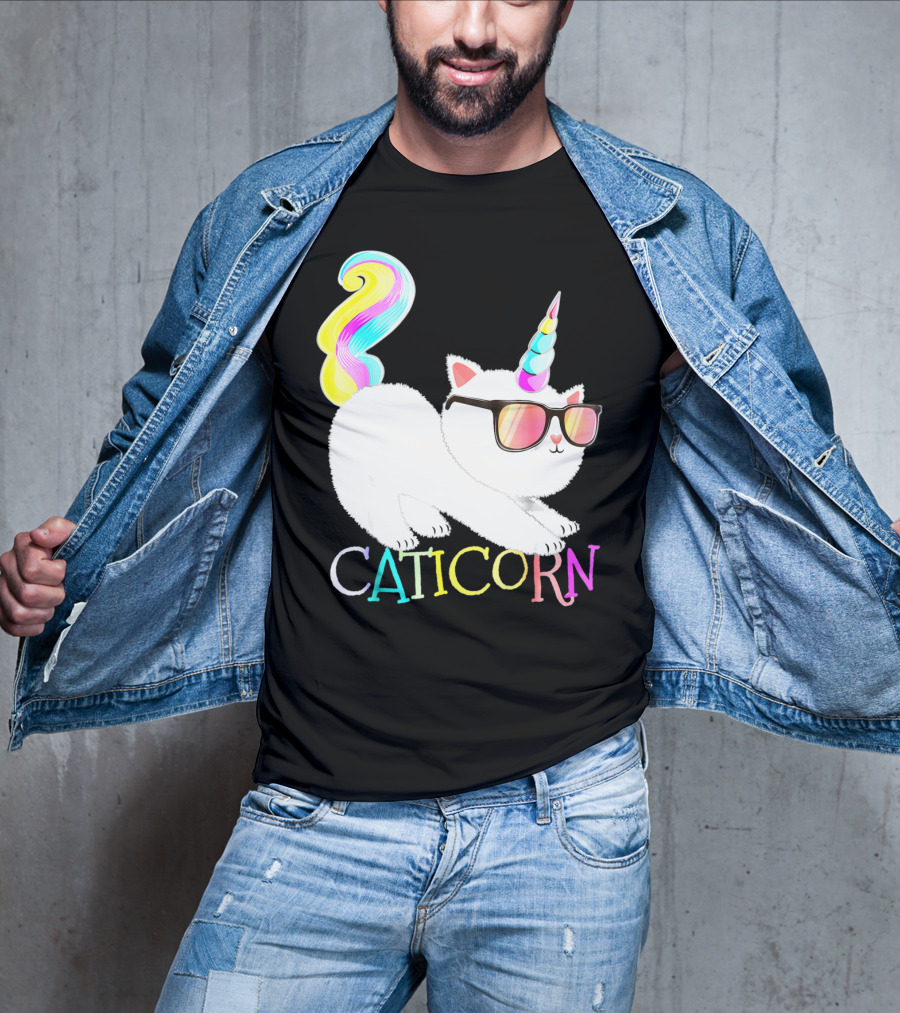 Caticorn Rainbow Unicorn Cat Girls Sunglasses Colorful Mane T-Shirt