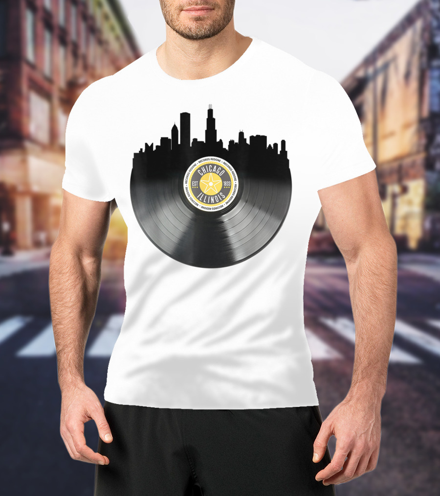 Chicago Illinois Vinyl Record Skyline EST 1833 T-Shirt