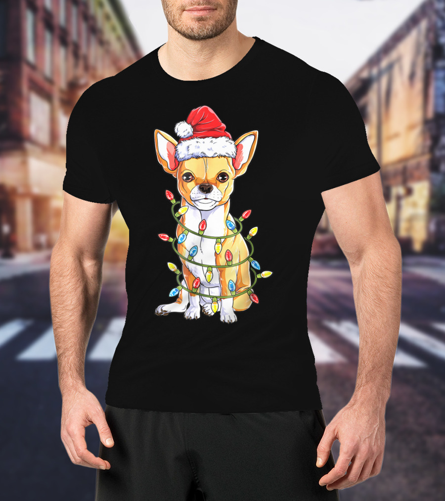 Chihuahua Christmas Santa Hat Holiday Lights Dog T-Shirt