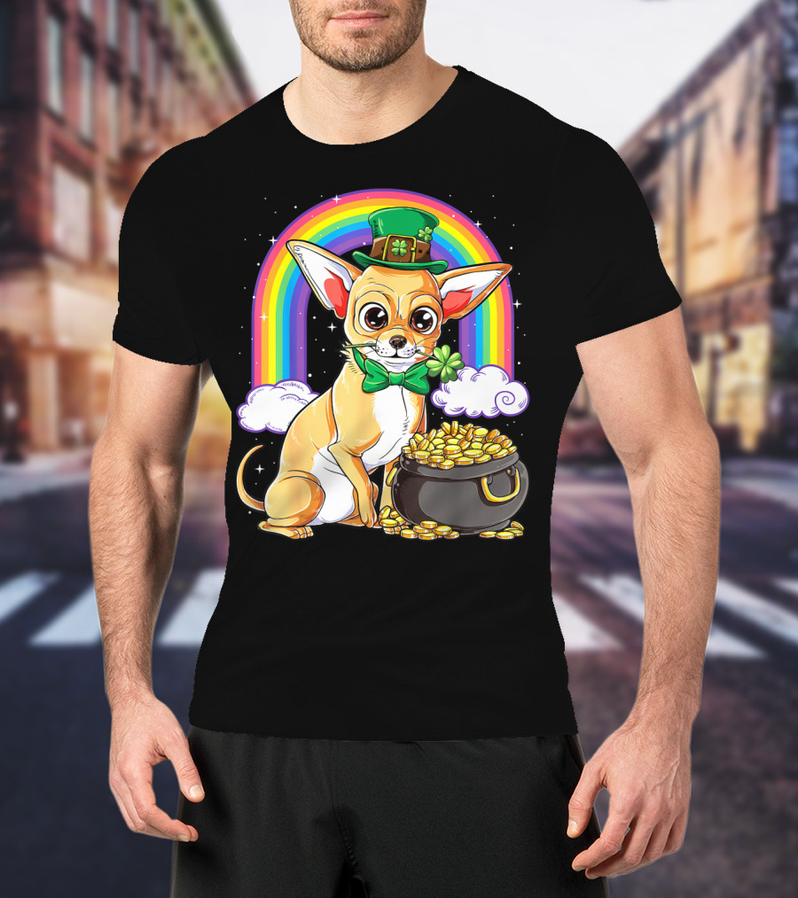 Chihuahua St Patricks Day Leprechaun Rainbow Pot Of Gold T-Shirt