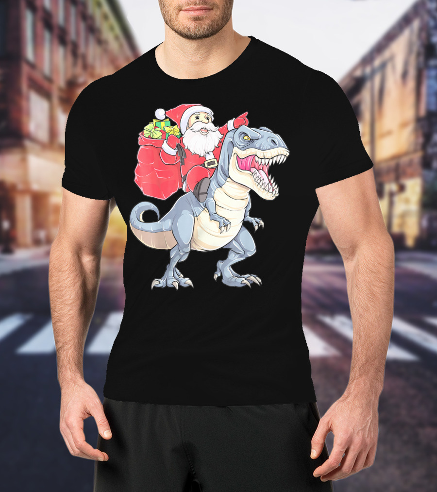 Christmas Santa Riding Dinosaur Rex With Presents T-Shirt