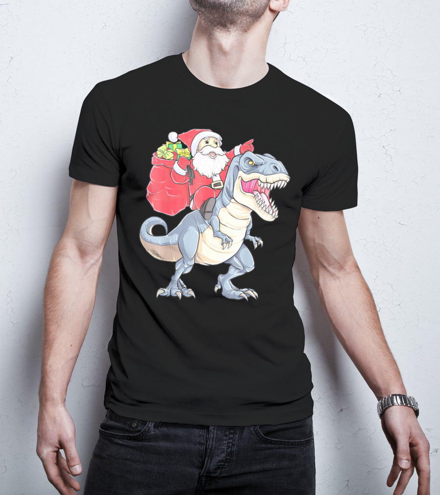 Christmas Santa Riding Dinosaur Rex With Presents T-Shirt