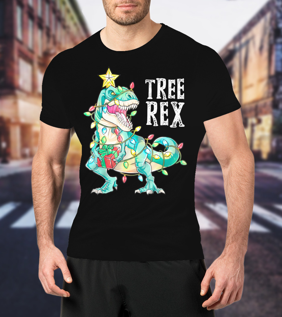 Tree Rex Christmas Kids Dinosaur Lights T-Shirt
