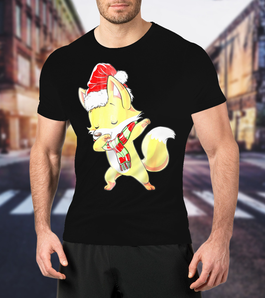 Christmas Fox Dabbing In Santa Hat And Scarf T-Shirt