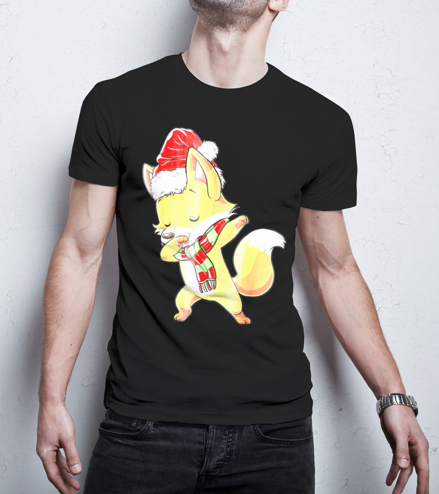 Christmas Fox Dabbing In Santa Hat And Scarf T-Shirt