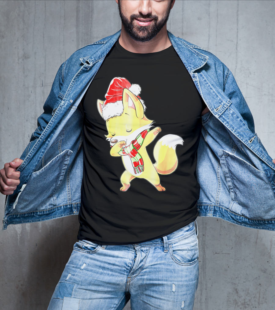 Christmas Fox Dabbing In Santa Hat And Scarf T-Shirt