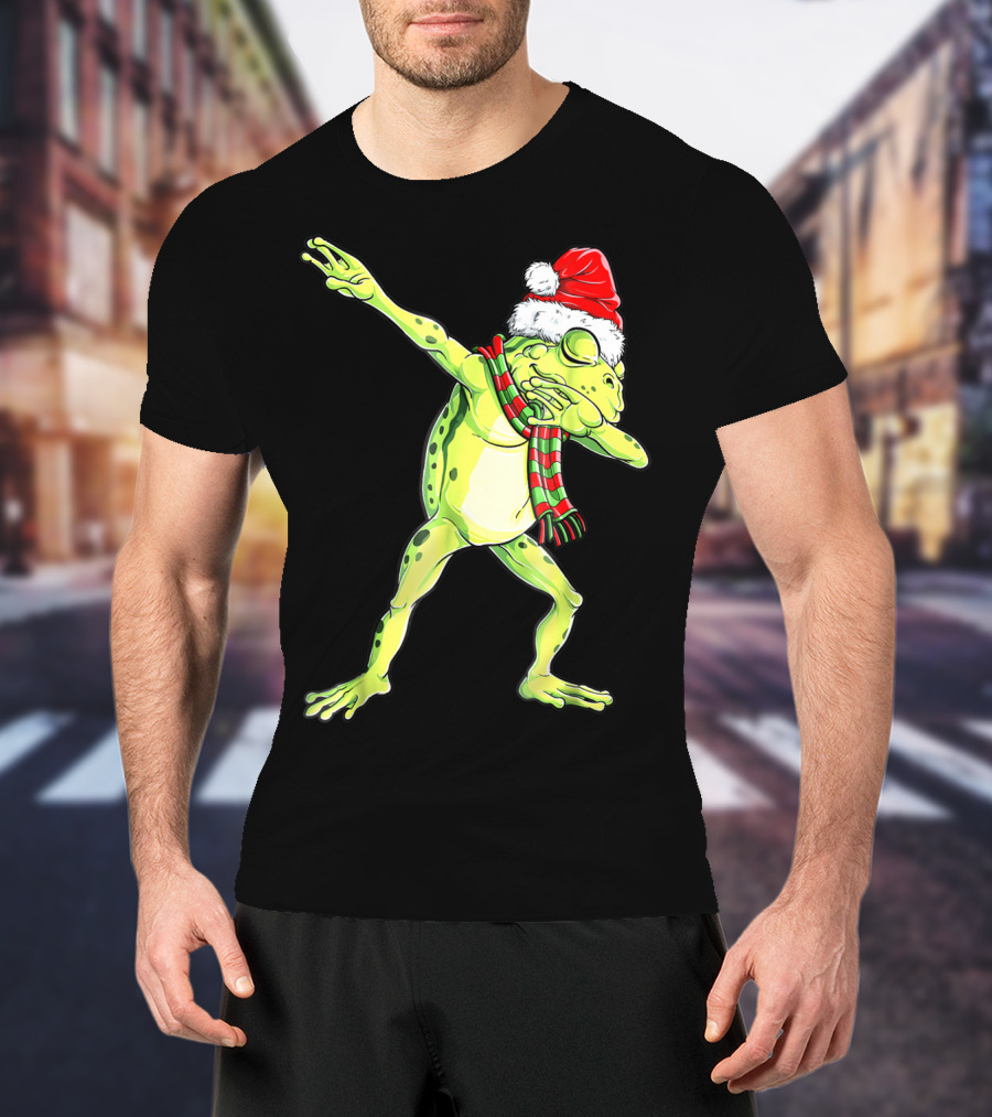 Dabbing Frog With Santa Hat And Scarf Christmas T-Shirt