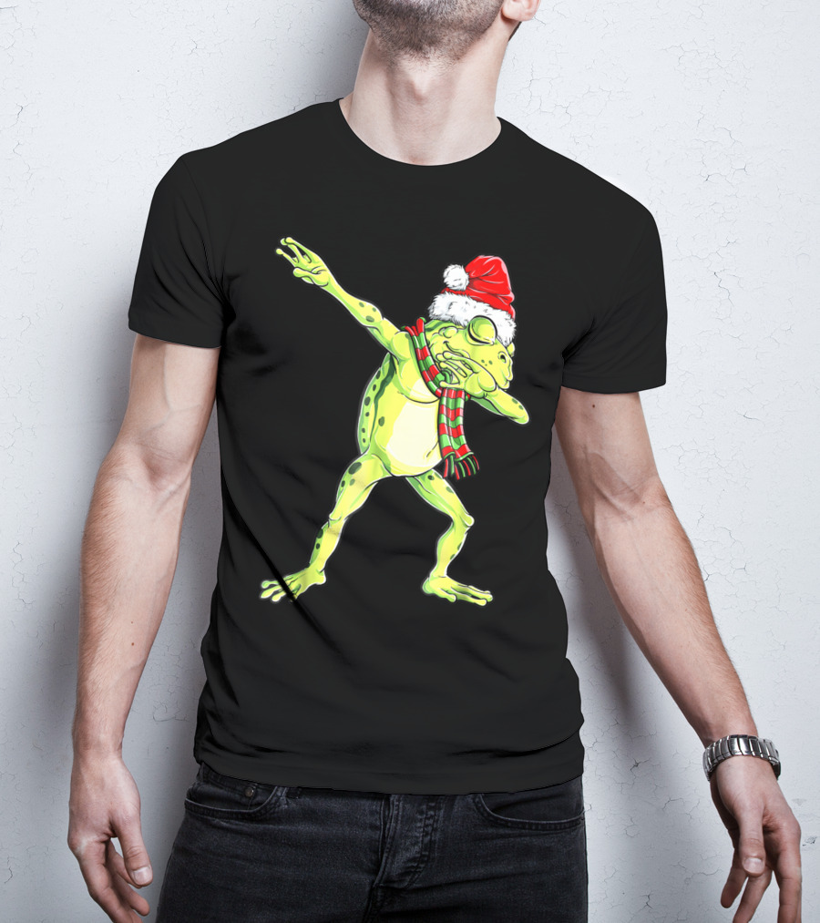 Dabbing Frog With Santa Hat And Scarf Christmas T-Shirt
