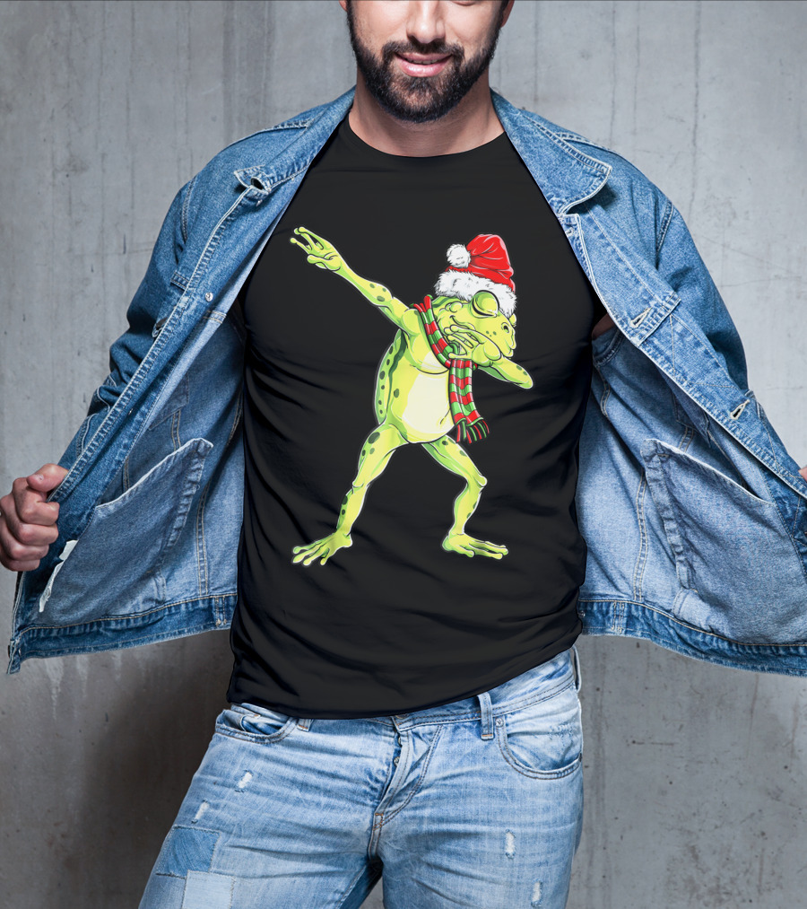 Dabbing Frog With Santa Hat And Scarf Christmas T-Shirt