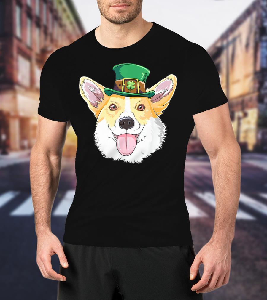 Lucky Corgi With Leprechaun Hat And Shamrock Charm T-Shirt